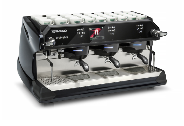 This image is a front-side view of the Rancilio Classe 11 USB espresso machine in Midnight Blue with 3 groups traditional height and volumetric dosing controls.